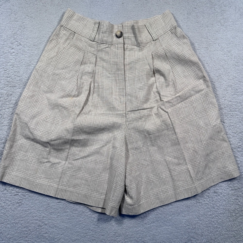 Vintage Sycamore Plaid Short High Waist Linen Cotton Blend USA Beige Women 12